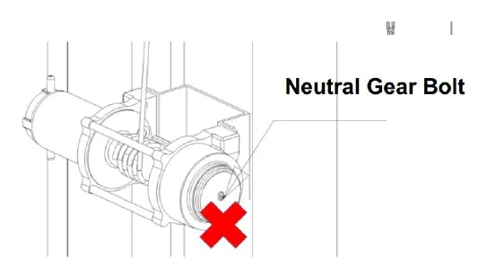 Line drawing of the electric winch with its neutral gear bolt marked with a red X