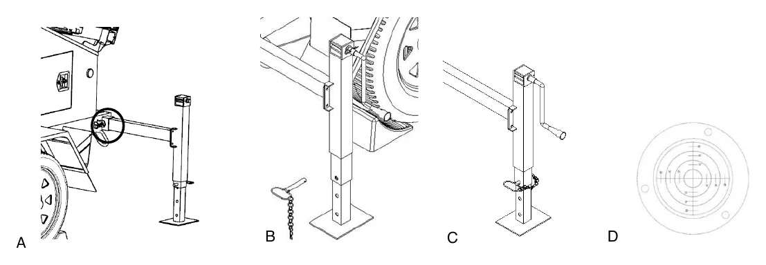 Four line drawings: pulling the outrigger locking pin, setting the pin in the third hole, winding the jack down, and the bubble level