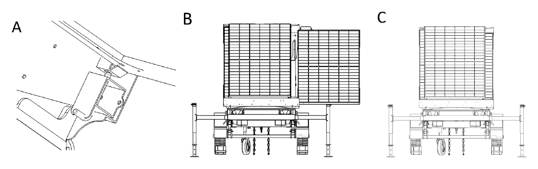 Three line drawings: the panel lock pin, one rack pushed in, both racks in