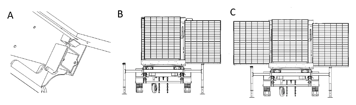 Three line drawings: the panel lock pin, one panel pulled out, both panels pulled out