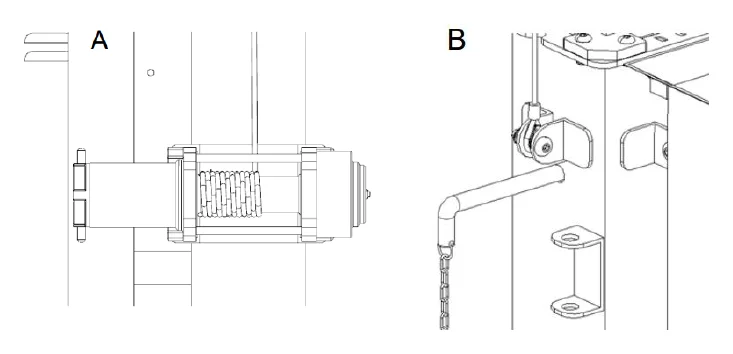 Two line drawings: the winch drum with the rope wound neatly, and the mast locking pin